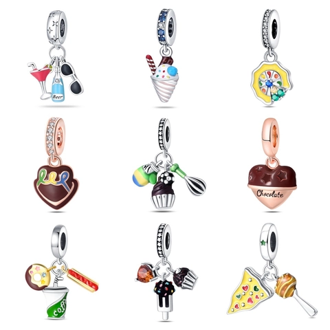 Silver Plated Food Theme Charm Bead Enamel Heart Chocolate Pizza Coffee Cup Drip Oil Pendant For Women Girls DIY Bracelet Jewelry Making