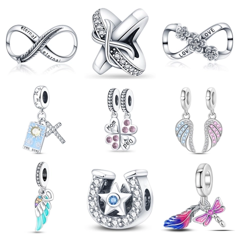 Silver Plated Copper Wings Feather Infinity Heart Enamel Charm Beads For DIY Bracelet Rhinestone Jewelry Accessory For Women