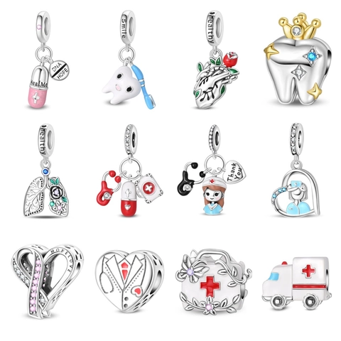 Silver Plated Medical Dental Charms Pendant For Bracelet Ambulance Nurse Heart Pill Tooth Beads For Jewelry Making Women Gift