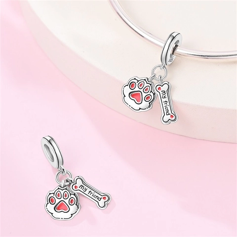 Silver Plated Copper Cartoon Cat Dog Heart Enamel Charms For DIY Bracelet Necklace Making Rhinestone Animal Pendant Gift