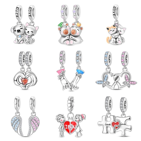 Silver Plated Alloy Cartoon Animal Heart Magnetic Couple Charm Pendant Beads Rhinestone Enamel DIY Jewelry Making Bracelet Accessory
