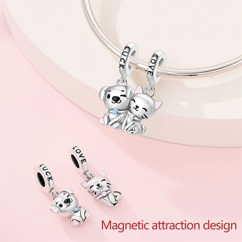 Silver Plated Alloy Cartoon Animal Heart Magnetic Couple Charm Pendant Beads Rhinestone Enamel DIY Jewelry Making Bracelet Accessory