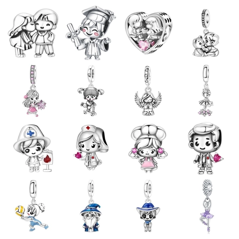 Silver Plated Cartoon Figure Charm Pendant For Bracelet Heart Nurse Doctor Graduate Chef DIY Jewelry Making Accessory Rhinestone