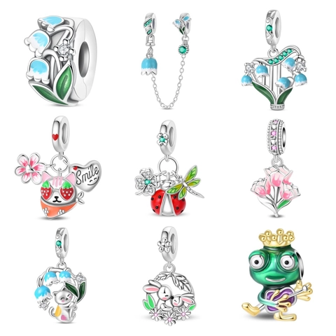 925 Ασήμι Charm Χάντρα Κρίνος Της Κοιλάδας Βάτραχος Γάτα Σμάλτο Ζιργκόν Για DIY Βραχιόλι Κολιέ Γυναικεία Κοσμήματα
