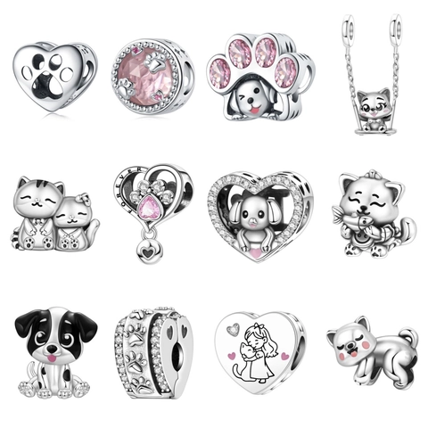 S925 Silver Plated Alloy Cat Dog Paw Heart Charms Beads With Zirconia Enamel DIY Jewelry Accessories For Bracelet Necklace