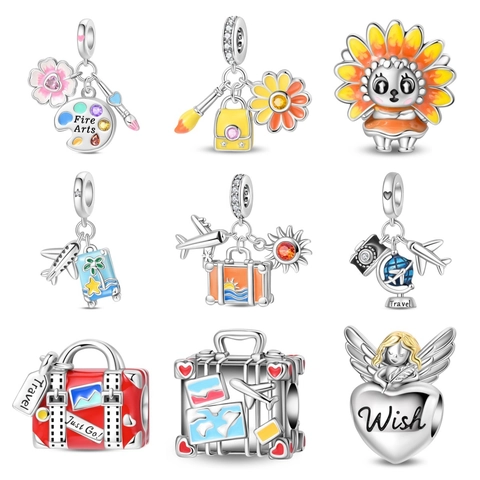 Travel Style Airplane Camera Suitcase Charms Alloy Silver Plated Enamel Rhinestone Beads For DIY Bracelet Necklace Jewelry Making Accessories