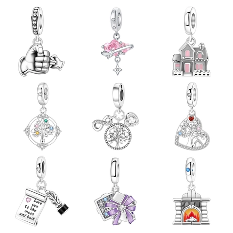 Silver Plated Family Tree House Heart Pendant Charms For Women DIY Bracelet Jewelry Making Gift Enamel Rhinestone Beads
