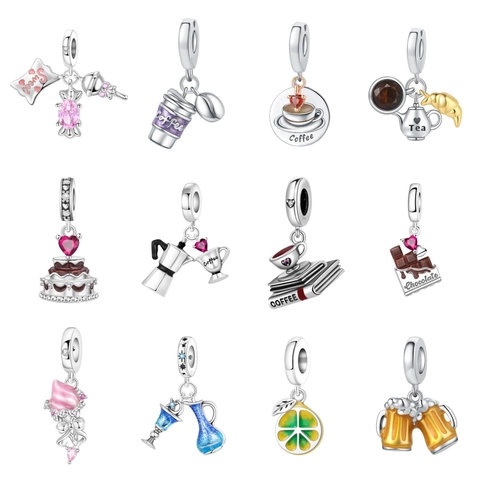 Silver Plated Food Drink Charms Enamel Coffee Tea Croissant Chocolate Candy Rhinestone Pendant For DIY Jewelry Making Women Bracelet Necklace