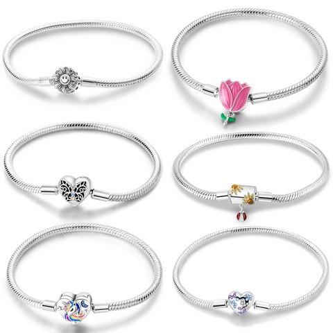 Silver Plated Copper Snake Bone Chain Charm Bracelet Sunflower Unicorn Tulip Butterfly Heart Pattern DIY Women Fashion Jewelry Gift