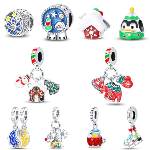 Christmas Snowman Snowflake Charm Beads For DIY Bracelet Necklace Silver Plated Enamel Zircon Pendant Women Jewelry Accessory