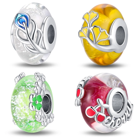 Luminous Murano Glass Charm Bead Silver Plated Copper Enamel Feather Ginkgo Leaf Cherry Flower For DIY Bracelet Jewelry