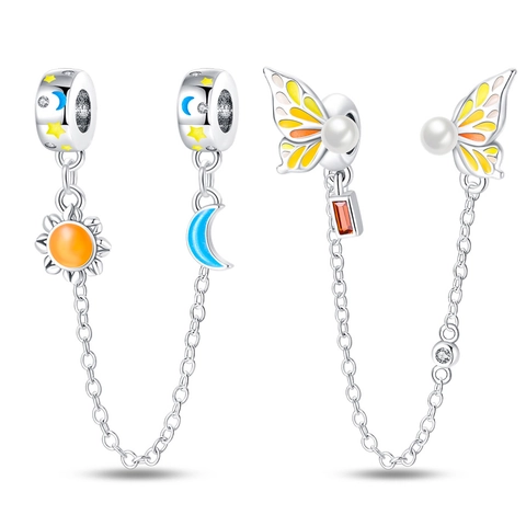 Versilberte Leuchtende Sicherheitskette Sonne Mond Schmetterling Anhänger Für Armbänder Glow In The Dark Emaille DIY Schmuck