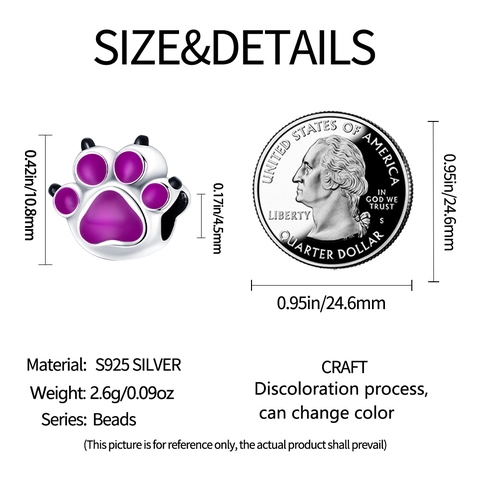 925 Silver Plated Copper Cat Paw Charm Bead Heat Sensitive Color Changing Animal DIY Jewelry Accessory For Bracelet Making
