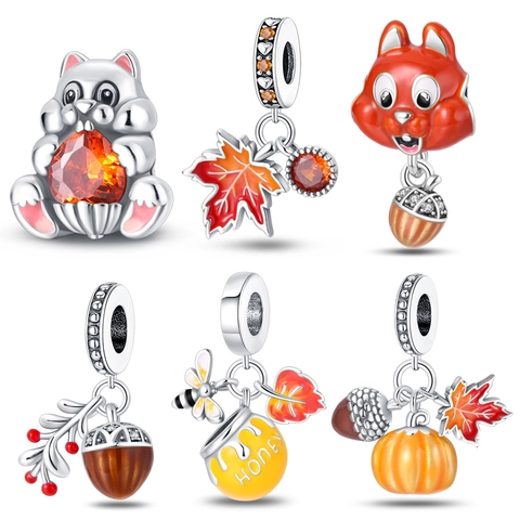 Autumn Squirrel Maple Leaf Dangle Charms Silver Plated Copper Enamel Zirconia Beads For DIY Bracelets Jewelry Making Women
