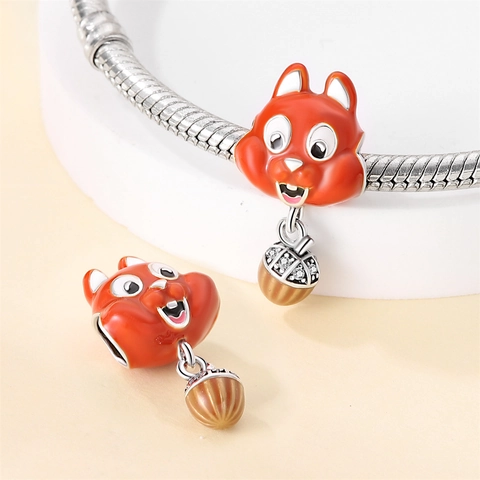 Autumn Squirrel Maple Leaf Dangle Charms Silver Plated Copper Enamel Zirconia Beads For DIY Bracelets Jewelry Making Women