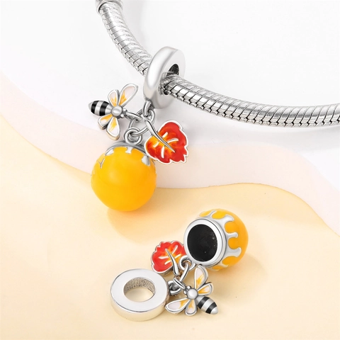 Ciondoli in Argento Sterling 925 Autunno Smalto Foglia d'Acero Zucca Scoiattolo Perline Strass Pendente per Bracciale Fai-da-Te Donna