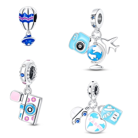 Travel Theme Silver Plated Enamel Charms For Bracelet Blue Camera Airplane Globe Suitcase Car Heart Rhinestone Jewelry Pendant