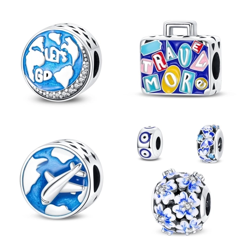 Amuletos de Cobre Plateados Tema de Viaje Con Esmalte Azul Y Circonia Mariposa Ojo Turco Tierra Maleta Avión Cuentas Joyería
