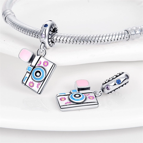 Travel Theme Silver Plated Enamel Charms For Bracelet Blue Camera Airplane Globe Suitcase Car Heart Rhinestone Jewelry Pendant