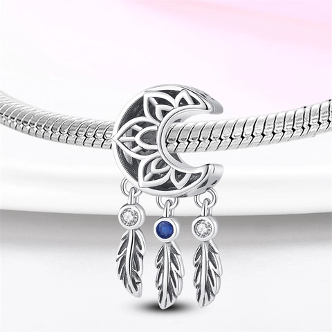 Versilberter Traumfänger Mond Charme Perle Mit Blauem Strass Feder Anhänger Für DIY Halskette Armband Schmuckherstellung Damen Geschenk