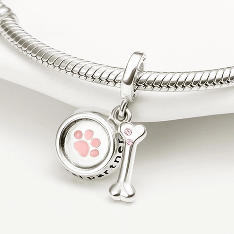 Loyal Partner Μενταγιόν με Θέμα Κατοικίδια Χαλκός Επιργυρωμένο 925 Ροζ Σμάλτο Πατούσα Κόκκαλο Στρας για DIY Κατασκευή Κοσμημάτων