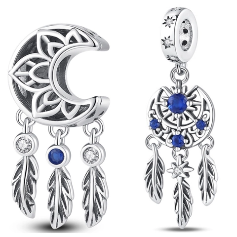 Versilberter Traumfänger Mond Charme Perle Mit Blauem Strass Feder Anhänger Für DIY Halskette Armband Schmuckherstellung Damen Geschenk