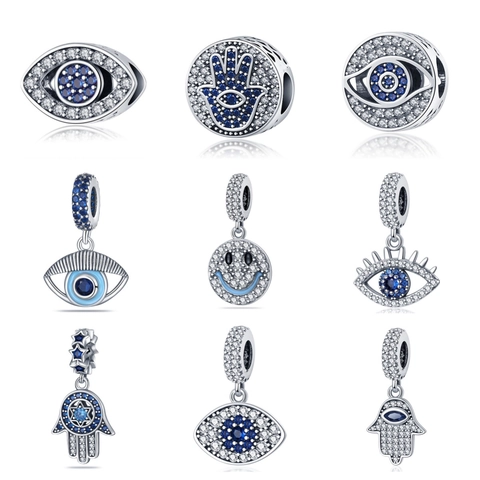 Ojo Turco Mano de Fátima Cara Sonriente Dijes Cuentas Para Creación de Joyas DIY Cobre Plateado Plata 925 Diamante Imitación Colgante