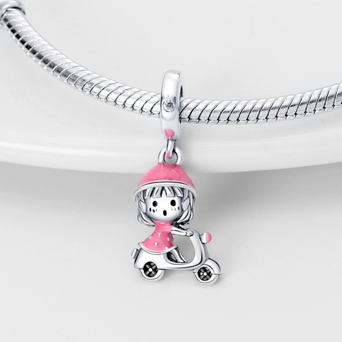 Cartoon Girl Riding Scooter Pendant Only Silver Plated Copper Enamel Charm For DIY Bracelet Jewelry Making Women Gift