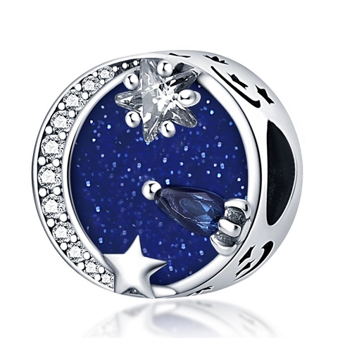 Sternenhimmel Charm Perle Mit Blauem Emaille Mond Stern Und Zirkonia Für DIY Armband Halskette Damen Mode Schmuck Zubehör