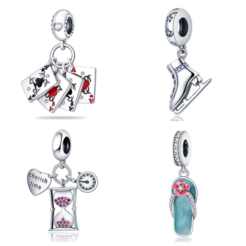 Silver Plated Copper DIY Charm Pendant For Bracelets Ice Skate Flip-flop Playing Card Rhinestone Enamel Beads For Jewelry Making