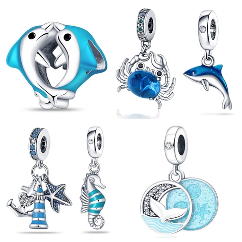 Silver Plated Ocean Theme Marine Life Charms Enamel Dolphin Crab Seahorse Zirconia Pendants For DIY Bracelet Jewelry Making