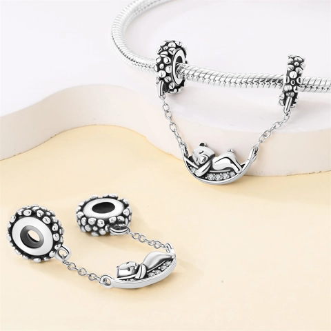 925 Versilbert Kupfer Mond Schlafender Bär Sicherheitskette Anhänger Mit Zirkonia Für Damen Armband DIY Schmuckzubehör