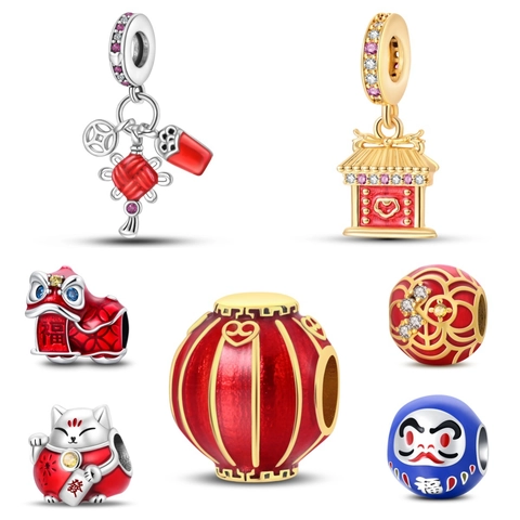 Chinese Nieuwjaar Charms Kralen In Koper Met Verzilvering En Emaille Gelukskat Leeuwendans Lantaarn DIY Sieraden Accessoires