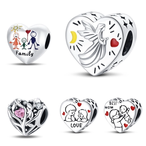 Silver Plated Copper Heart Charm Beads Enamel Zirconia For DIY Bracelet Jewelry Making Family Mother Angel Love Theme