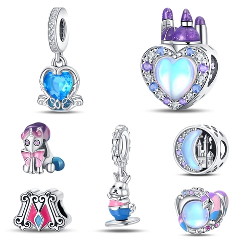 Fairytale Town Series DIY Charms Unicorn Castle Rabbit In Cup Pendant Silver Plated Enamel Rhinestone Jewelry Accessories