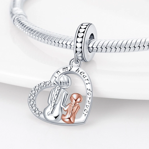 Silver Plated Mother's Day Charm Heart Baby Footprint Pendant Beads DIY Jewelry Making Bracelet Accessories Women Gift