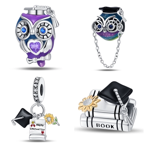 Graduation Owl Scholar Cap Book Sunflower DIY Charms Beads Silver Plated Enamel Zirconia Jewelry Finding Gift For Women