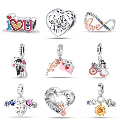 Silver Plated Alloy Romantic Love Heart Charm Beads For DIY Bracelet Enamel Rhinestone Couple Wedding Jewelry Charms Women