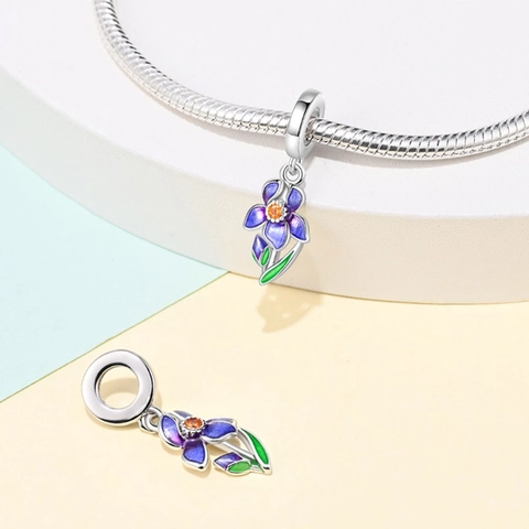 Pendentif Fleur d'Iris Violet Cuivre Plaqué Argent 925 Émail Zircone Perle Pendante pour Création de Bijoux DIY Femme