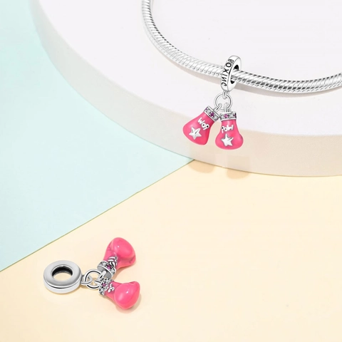 Pink Boxing Glove Pendant Silver Plated Copper Enamel Charm With Rhinestones For DIY Bracelet Jewelry Making Women Gift