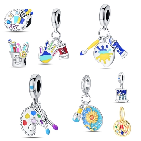 Silver Plated Artist Palette Paint Brush Charms Colorful Enamel Starry Sky Sunflower Pendants DIY Jewelry Bracelet Accessories