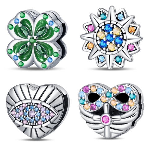 Silver Plated Copper Enamel Rhinestone Flat Bead For DIY Jewelry Clover Evil Eye Sun Infinity Charms For Bracelets Women