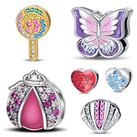 Silver Plated Rhinestone Enamel Charms For DIY Bracelet Ladybug Heart Shell Lollipop Butterfly Pendants Women Jewelry Accessories