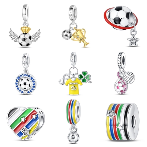 Soccer Theme DIY Jewelry Accessories Silver Plated Copper Enamel Charms For Bracelet Soccer Trophy Jersey Rhinestone Beads