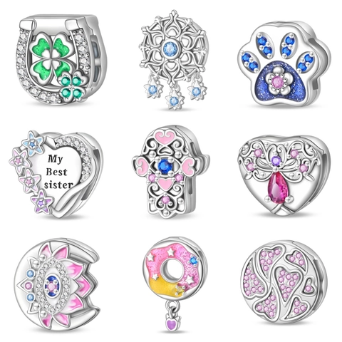 Silver Plated Copper DIY Charm Bead For Bracelet Hamsa Hand Heart Clover Snowflake Donut Paw Print Pendant Jewelry Accessory
