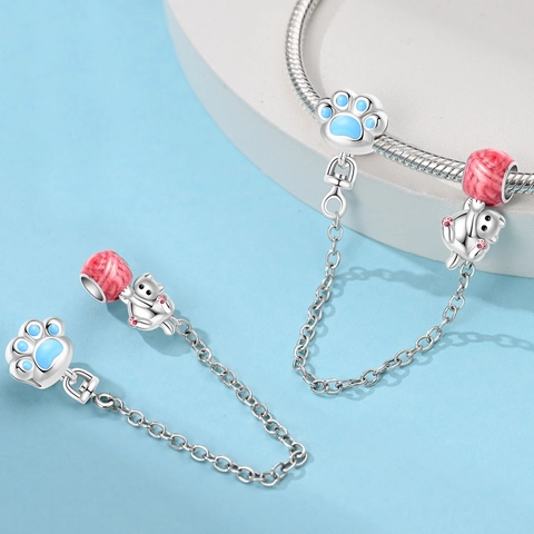 Perle de Charme Chat Animal DIY Plaqué Argent Sterling 925 Émail Zircone Pendentif Pour Bracelets Bijoux Femme Cadeau Sans Chaîne