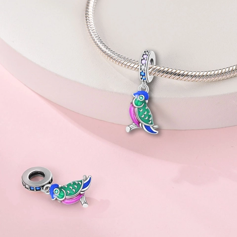 Silver Plated Colorful Parrot Charm Enamel Rhinestone Animal Pendant For DIY Jewelry Making Bracelet Accessories Women