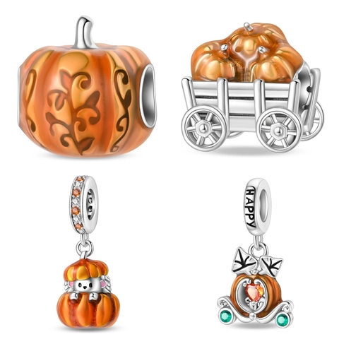 Autumn Pumpkin Hedgehog Carriage Charms Copper Silver Plated Enamel Zirconia Beads For DIY Bracelet Jewelry Making Halloween