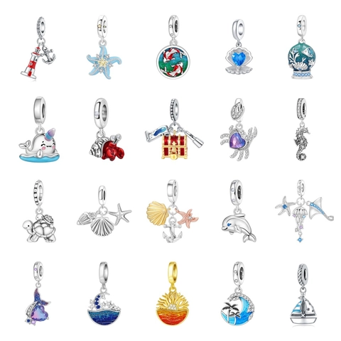Ocean Biological Charm Beads Sea Turtle Dolphin Starfish Shell Mermaid Tail Silver Plated Rhinestone Pendant For DIY Bracelet Making Women Fashion Jewelry