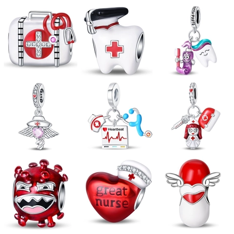 Medical Nurse Theme DIY Charms S925 Silver Plated Enamel Heart Stethoscope Syringe Beads For Jewelry Making Graduation Gift